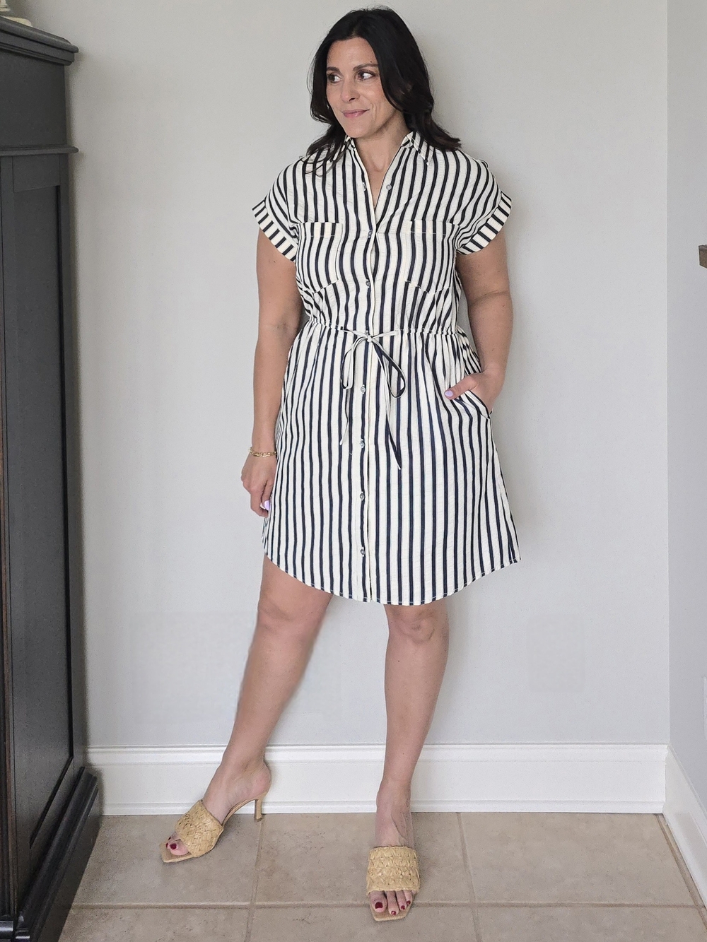 Striped Tie-Waist Shirt Dress in White and Navy